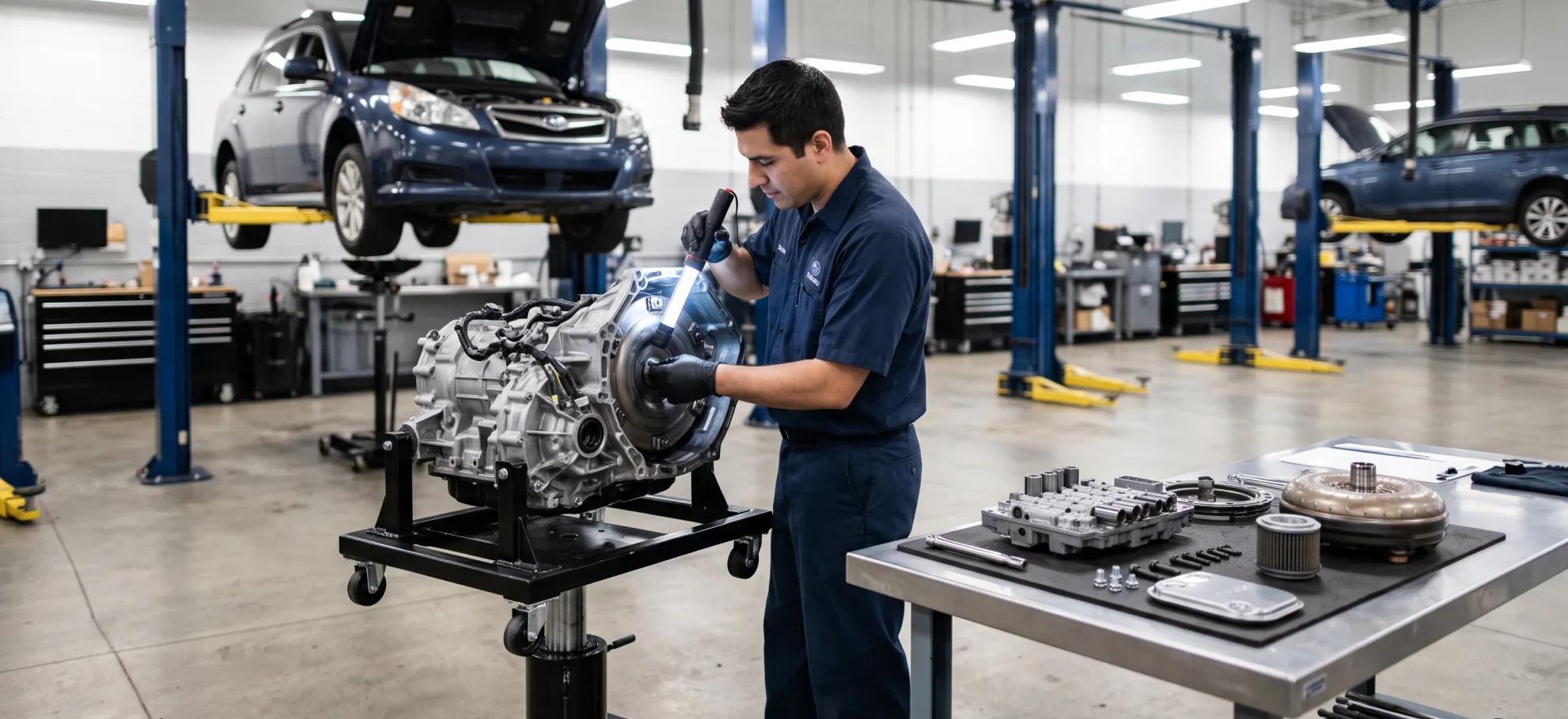 Briggs Subaru of Topeka technician inspecting a Subaru transmission on a stand