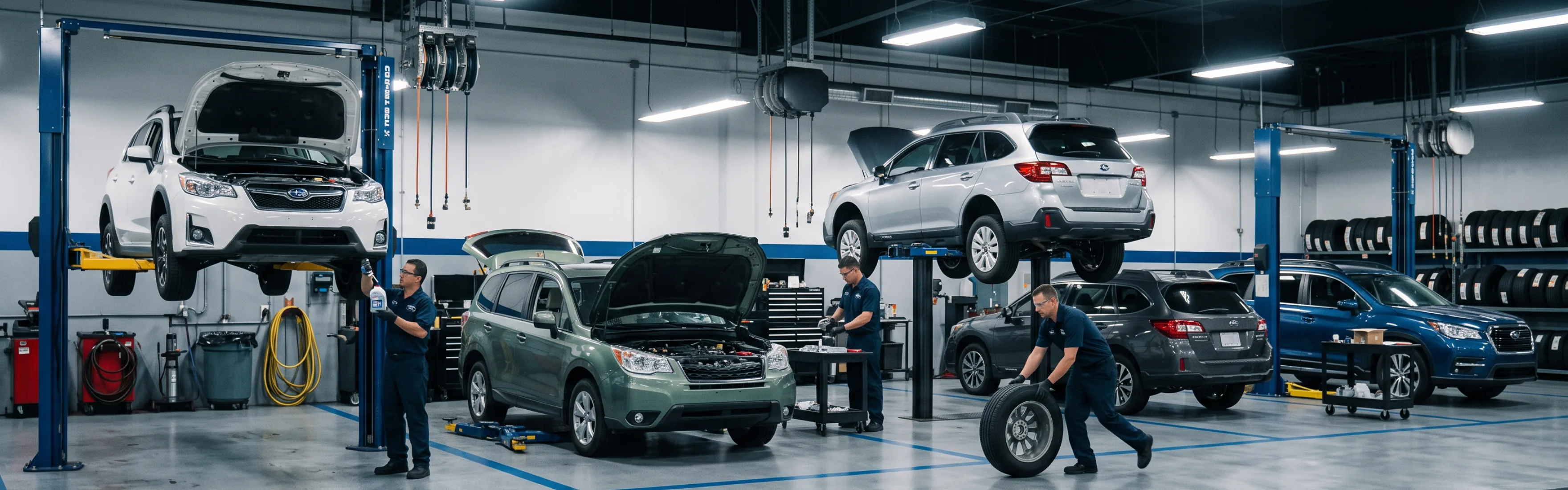Subaru service bays at Briggs Subaru of Topeka with vehicles on lifts