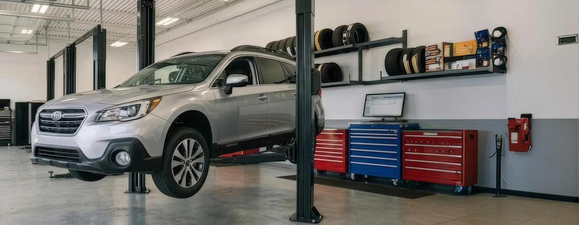 Subaru Outback raised on a two-post lift for suspension repair at Briggs Subaru of Topeka in Topeka, KS