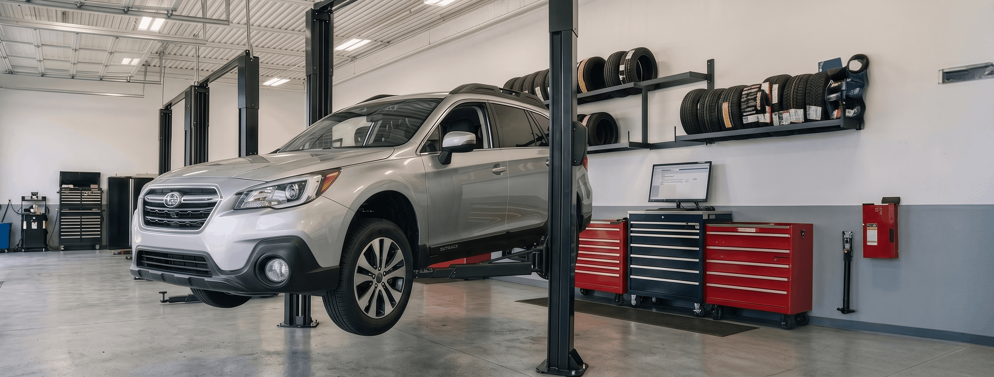 Subaru Outback raised on a two-post lift for suspension repair at Briggs Subaru of Topeka in Topeka, KS