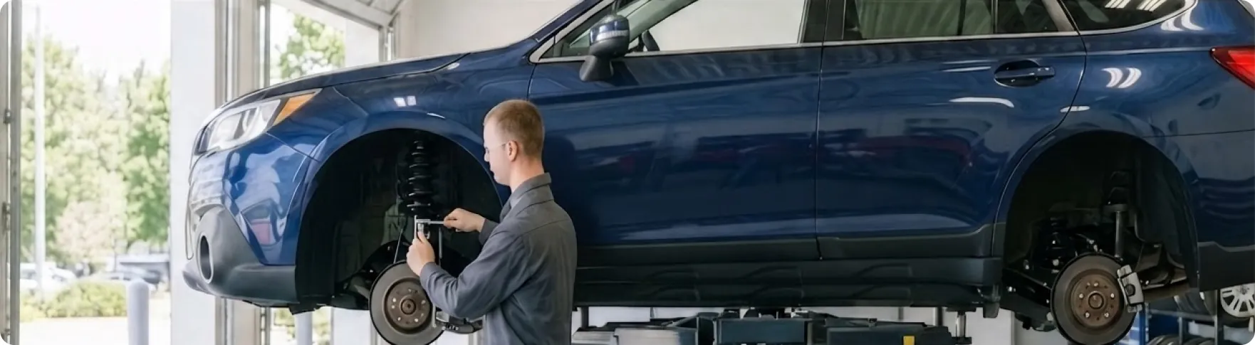 Briggs Subaru of Topeka technician inspecting the front suspension of a Subaru Outback on the lift