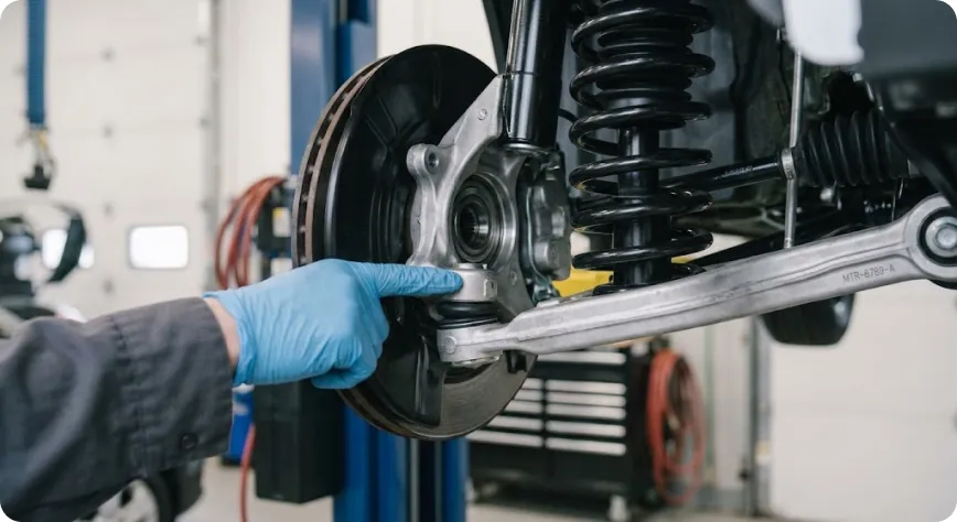 Close-up of a Briggs Subaru of Topeka technician working on a Subaru lower control arm and hub