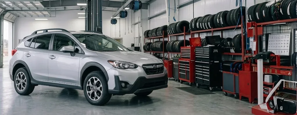 Subaru Crosstrek in the Briggs Subaru of Topeka service bay for thermal control valve service in Topeka, KS