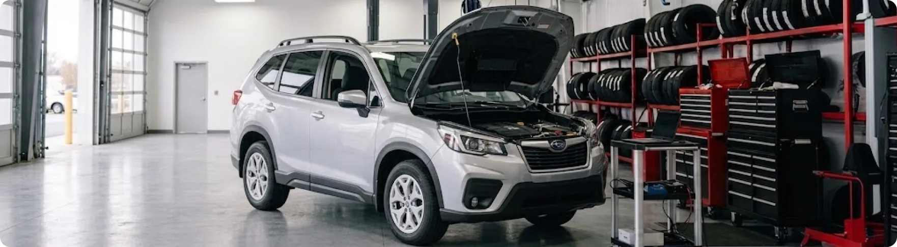 Subaru Forester with the hood up for thermal control valve service at the Briggs Subaru of Topeka service center
