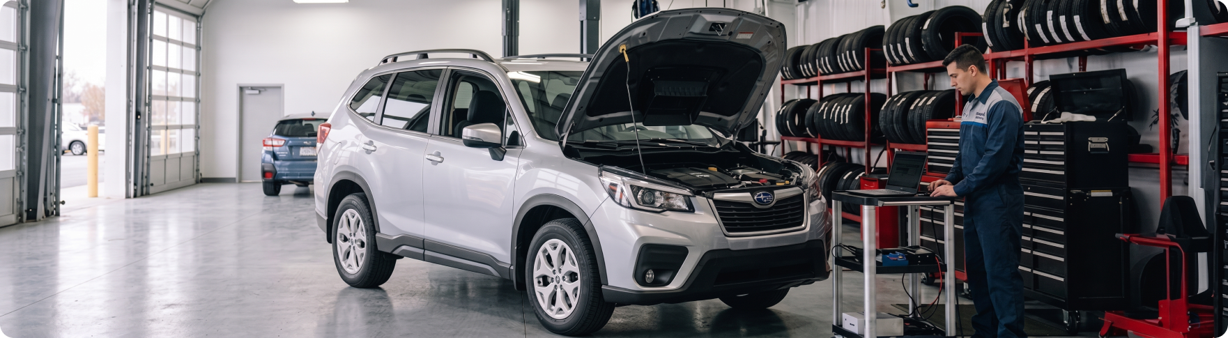 Subaru Forester with the hood up for thermal control valve service at the Briggs Subaru of Topeka service center