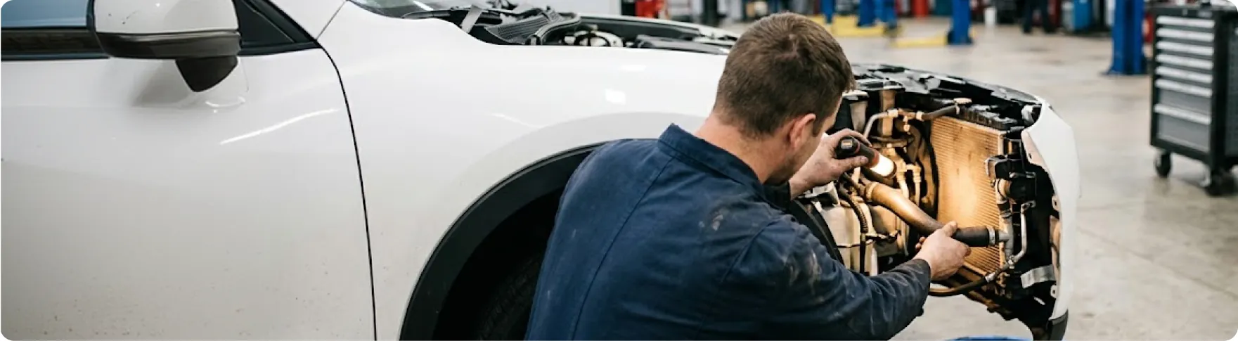 Subaru trained and certified technician working on the cooling system under the hood at Briggs Subaru of Topeka