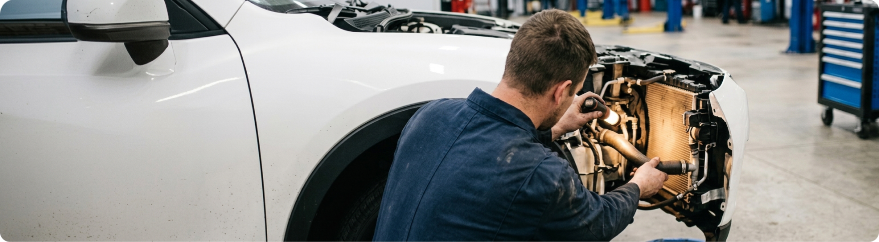 Subaru trained and certified technician working on the cooling system under the hood at Briggs Subaru of Topeka