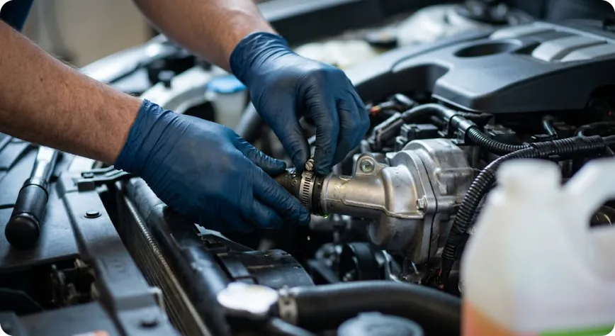Close-up of a Briggs Subaru of Topeka technician disconnecting a coolant hose during thermal control valve service