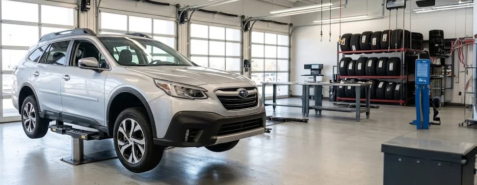 Subaru Outback raised on a service lift for transmission service and repair at Briggs Subaru of Topeka in Topeka, KS