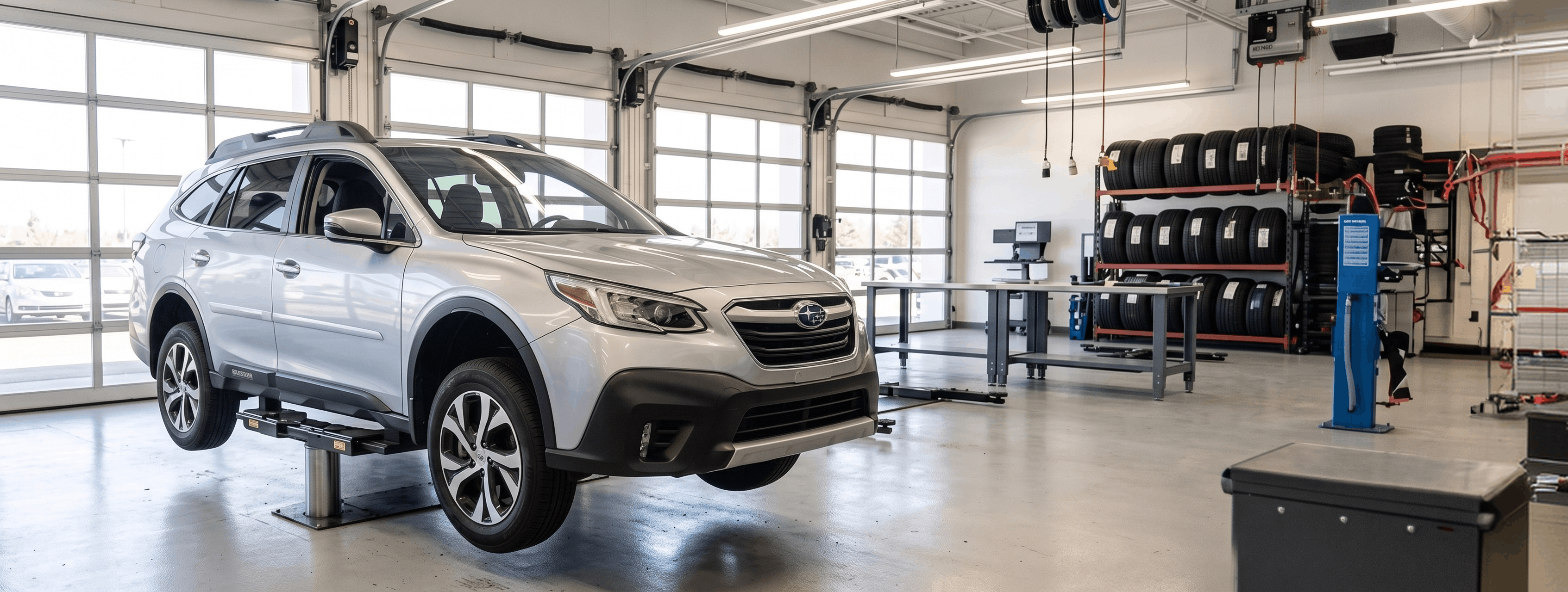 Subaru Outback raised on a service lift for transmission service and repair at Briggs Subaru of Topeka in Topeka, KS
