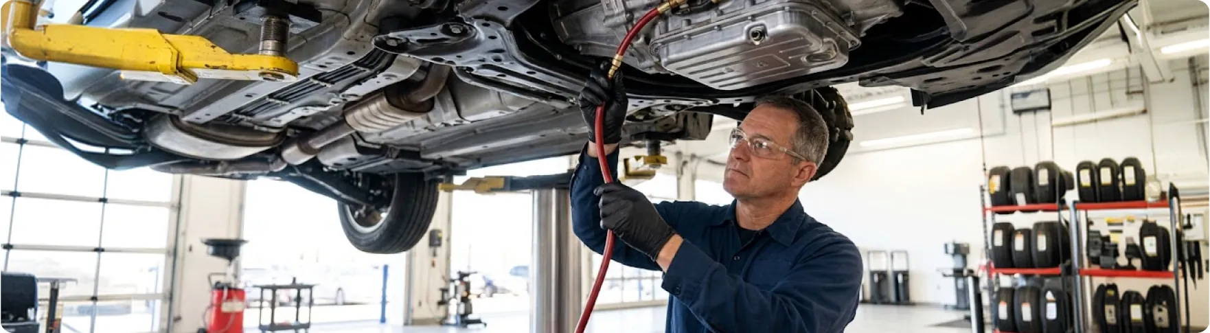 Briggs Subaru of Topeka technician working underneath a raised Subaru during transmission service and repair