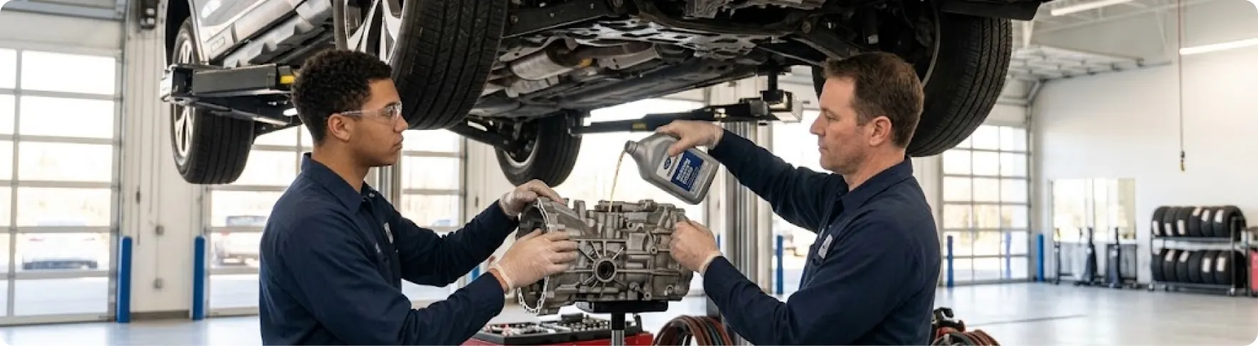 Subaru trained and certified technicians removing a transmission from a Subaru at Briggs Subaru of Topeka