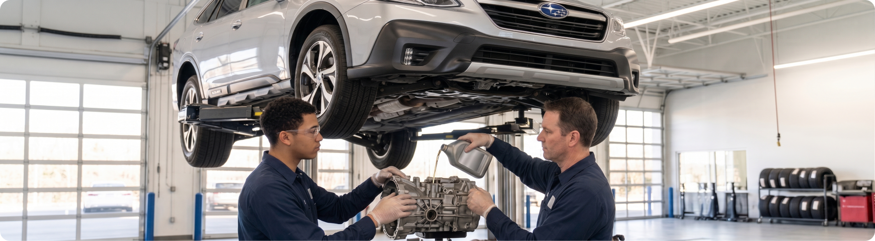 Subaru trained and certified technicians removing a transmission from a Subaru at Briggs Subaru of Topeka