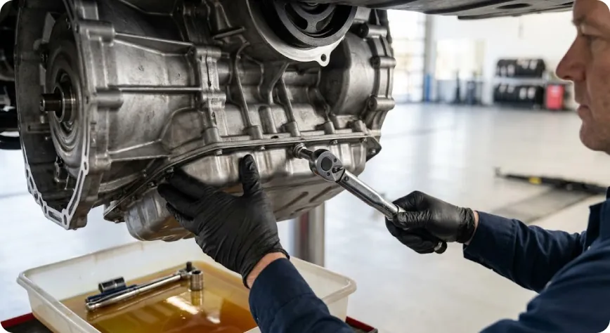 Close-up of a Briggs Subaru of Topeka technician servicing a Subaru transmission housing