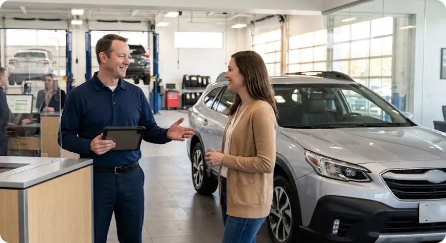 Briggs Subaru of Topeka service advisor explaining transmission repair options to a customer beside a Subaru Outback