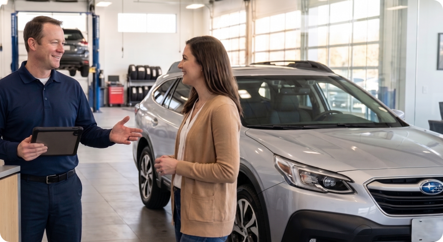 Briggs Subaru of Topeka service advisor explaining transmission repair options to a customer beside a Subaru Outback