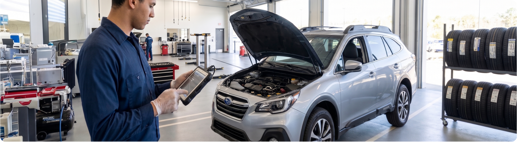Briggs Subaru of Topeka technician running transmission diagnostics on a Subaru Outback in Topeka, KS