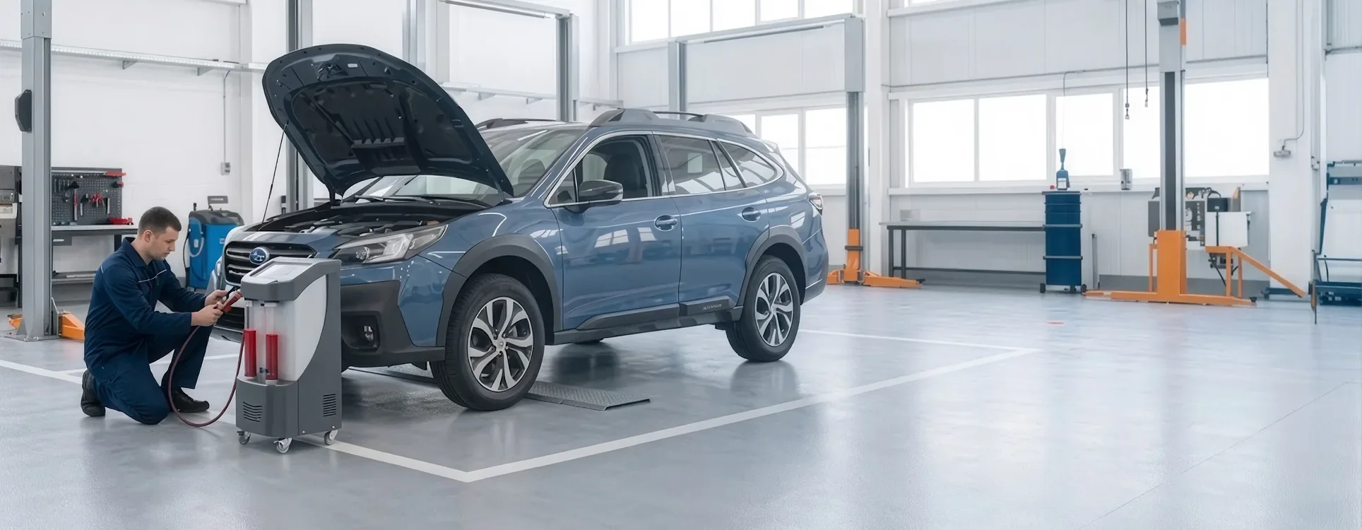 Briggs Subaru of Topeka technician connecting transmission fluid exchange equipment to a Subaru Outback in the Topeka, KS service center
