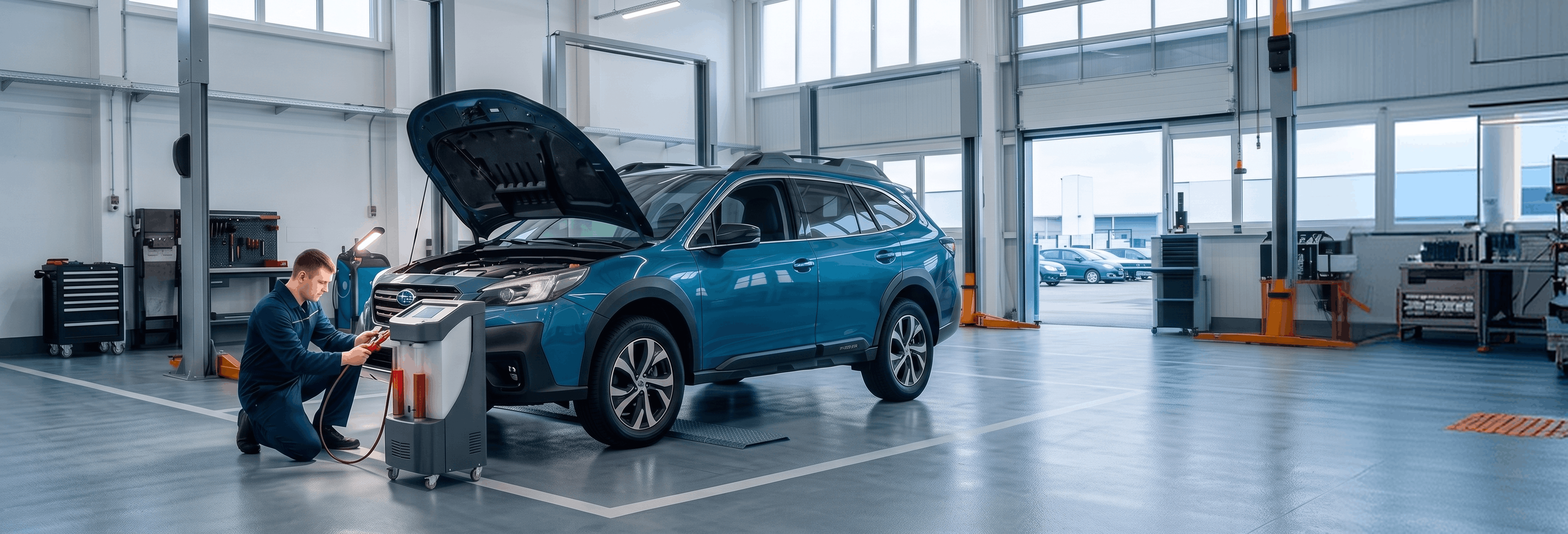 Briggs Subaru of Topeka technician connecting transmission fluid exchange equipment to a Subaru Outback in the Topeka, KS service center