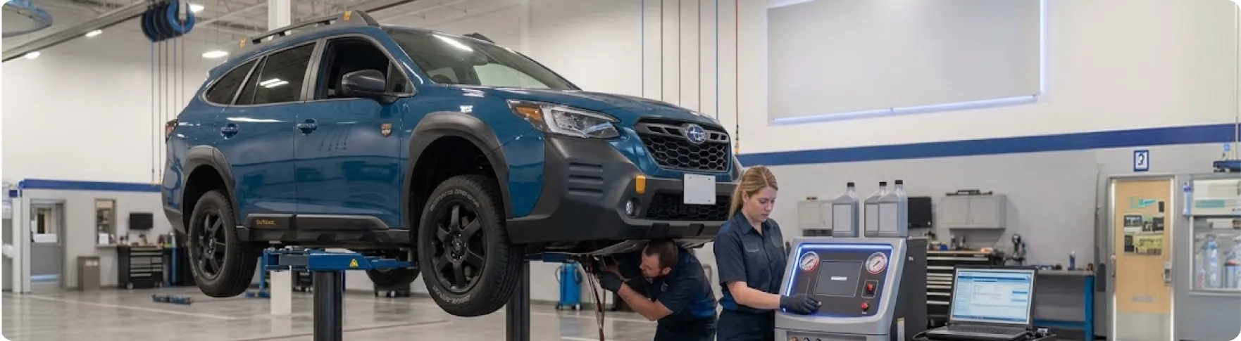 Subaru Outback raised on a service lift during a transmission fluid exchange at the Briggs Subaru of Topeka service department