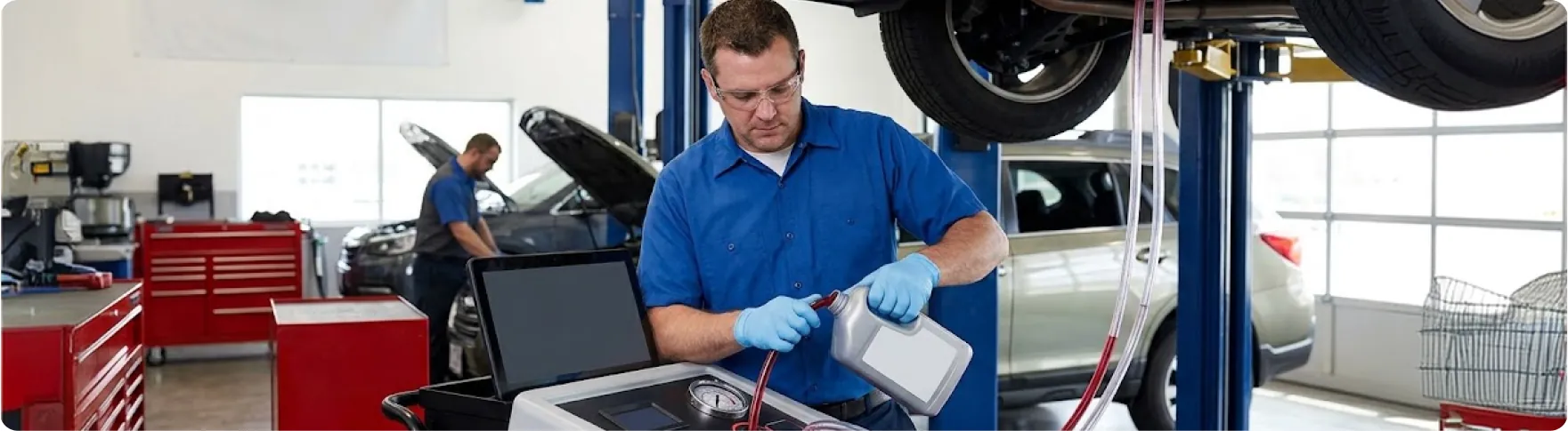 Subaru trained and certified technician adding fresh transmission fluid during a fluid exchange at Briggs Subaru of Topeka