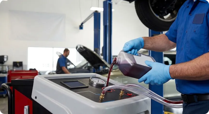 Close-up of a Briggs Subaru of Topeka technician pouring clean transmission fluid into the exchange machine