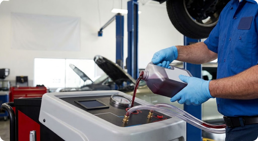 Close-up of a Briggs Subaru of Topeka technician pouring clean transmission fluid into the exchange machine