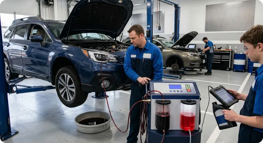 Briggs Subaru of Topeka technicians running a transmission fluid exchange on a Subaru Outback on the service lift