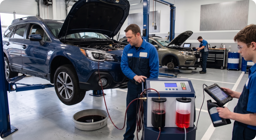 Briggs Subaru of Topeka technicians running a transmission fluid exchange on a Subaru Outback on the service lift