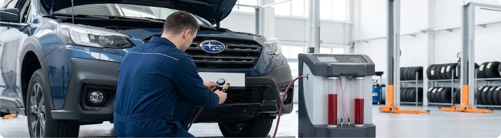 Briggs Subaru of Topeka technician hooking up the transmission fluid exchange machine to a Subaru in Topeka, KS