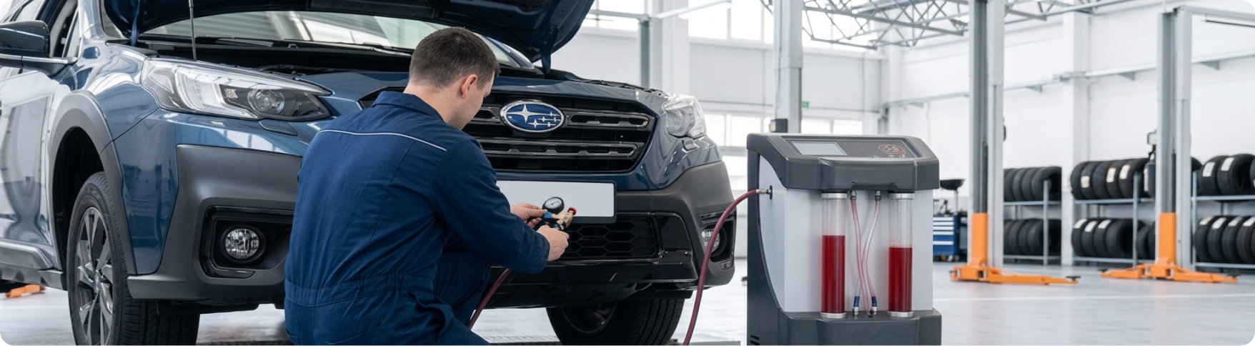 Briggs Subaru of Topeka technician hooking up the transmission fluid exchange machine to a Subaru in Topeka, KS